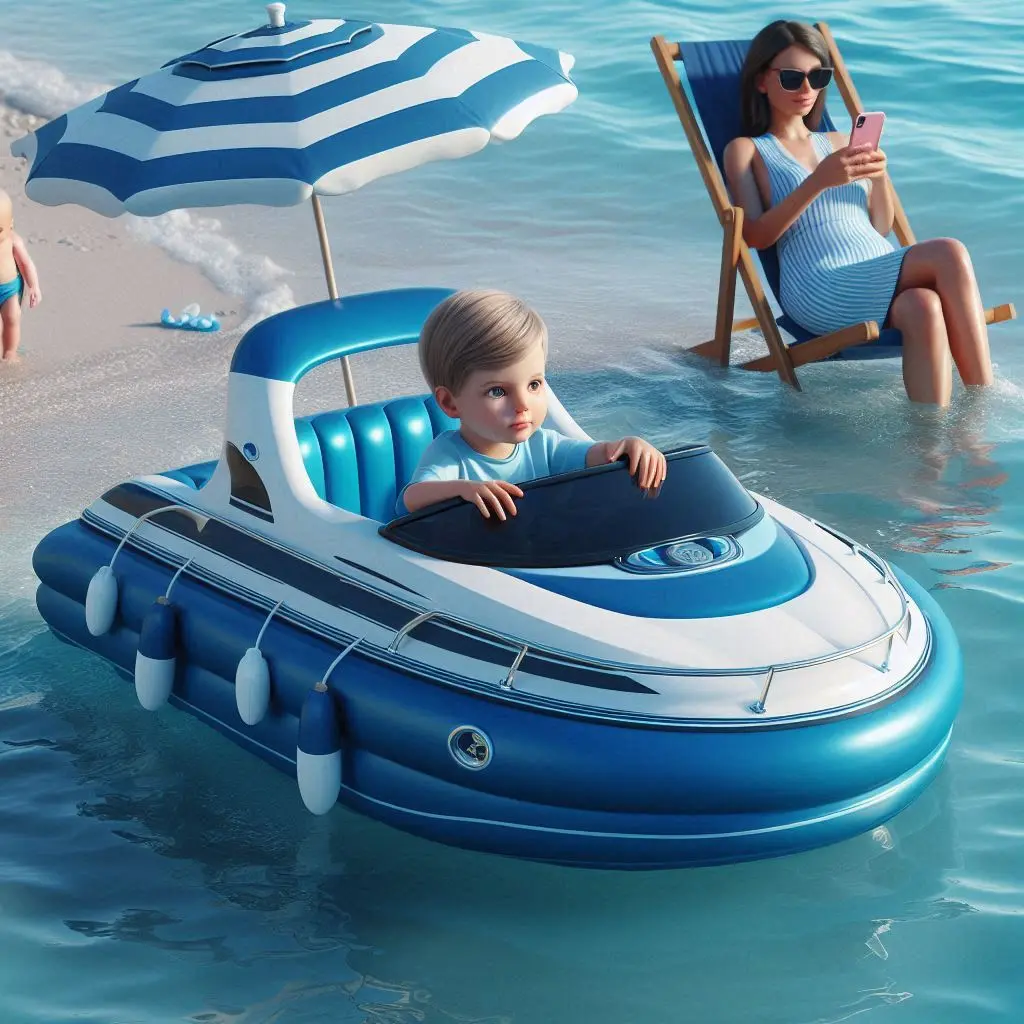 melotadoso-azul-sombrilla-blanca-y-azul-monoplaza-control-remoto Melotadoso yate hinchable azul con sombrilla blanca y azul, monoplaza, propulsión a motor y controlado con el móvil