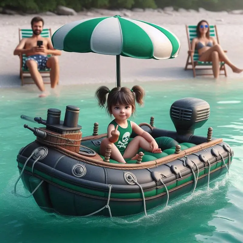 melotadoso-barquito-pirata-verde-sombrilla-verde-y-blanca Melotadoso para niños piratas, verde, propulsado a motor, controlado a distancia con el móvil